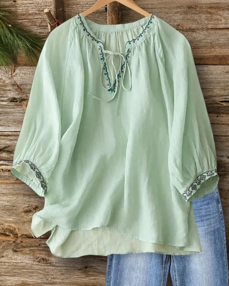 Embroidered Tie Neck 3/4 Sleeve High Low Hem Loose Blouse