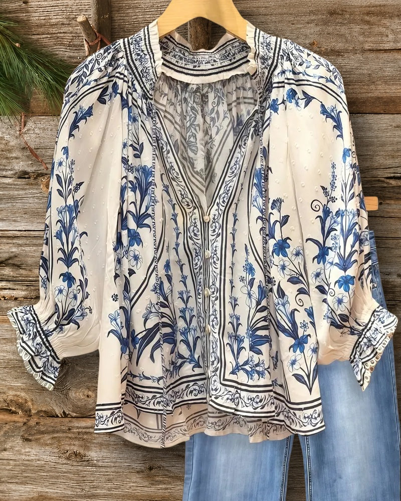 Floral Print Elegant Puff Sleeve Button Up T-Shirt