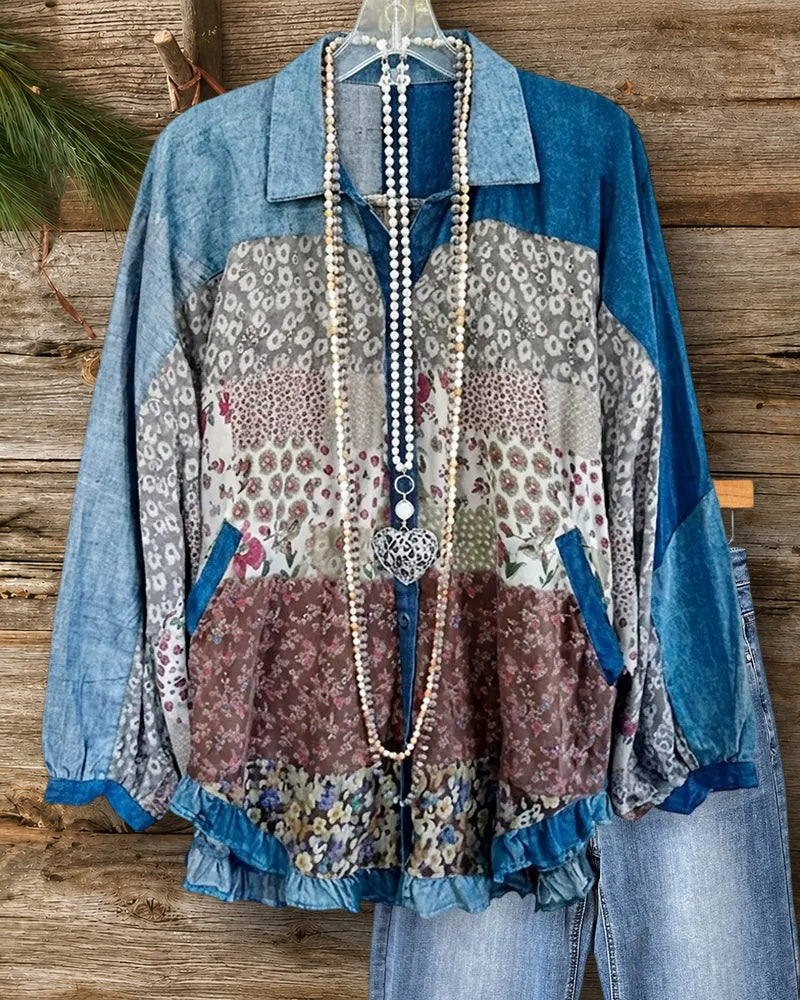 Patchwork Button Ruffled Hem Shirt