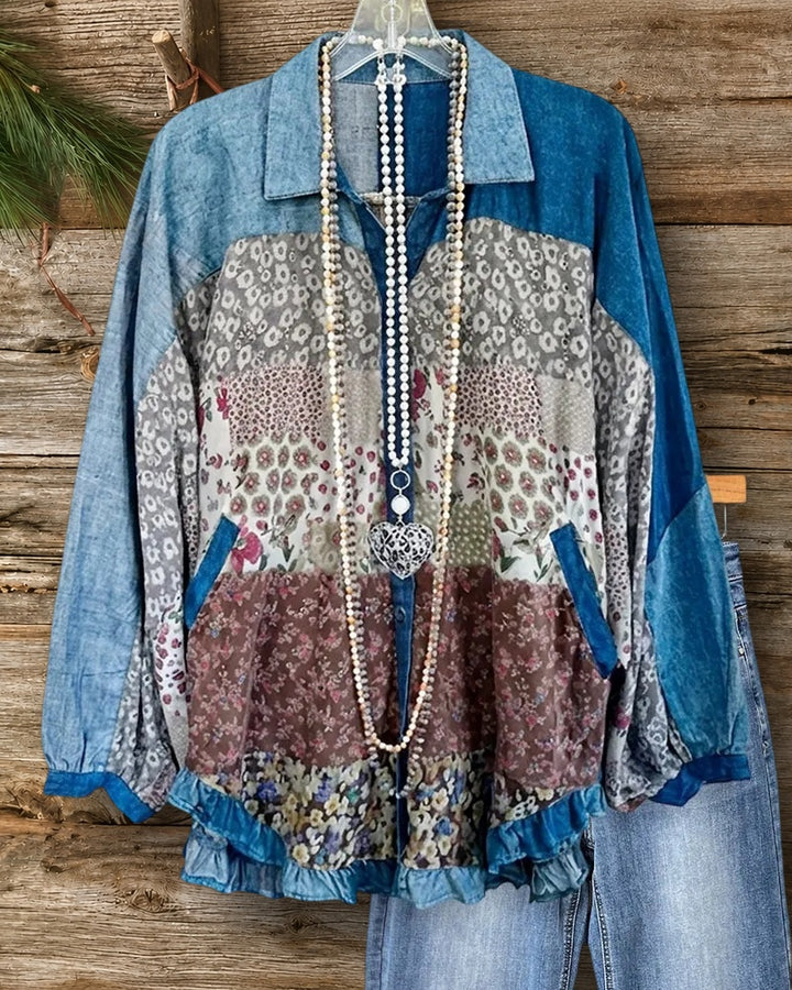 Patchwork Button Ruffled Hem Shirt