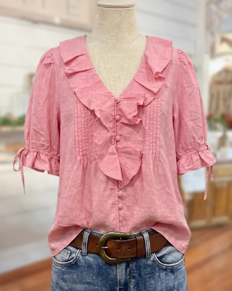 Ruffled V Neck Button Front Pintuck Puff Sleeve Blouse