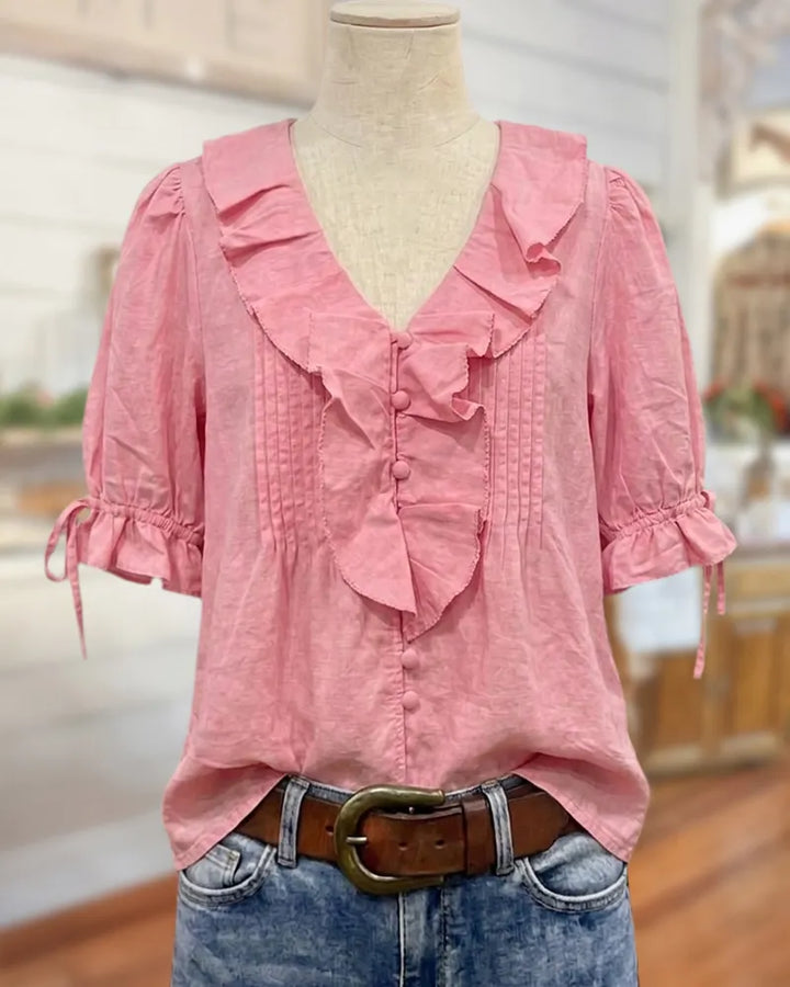 Ruffled V Neck Button Front Pintuck Puff Sleeve Blouse