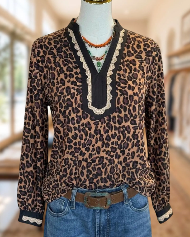 Leopard Print V Neck Lace Trim Long Sleeve Blouse
