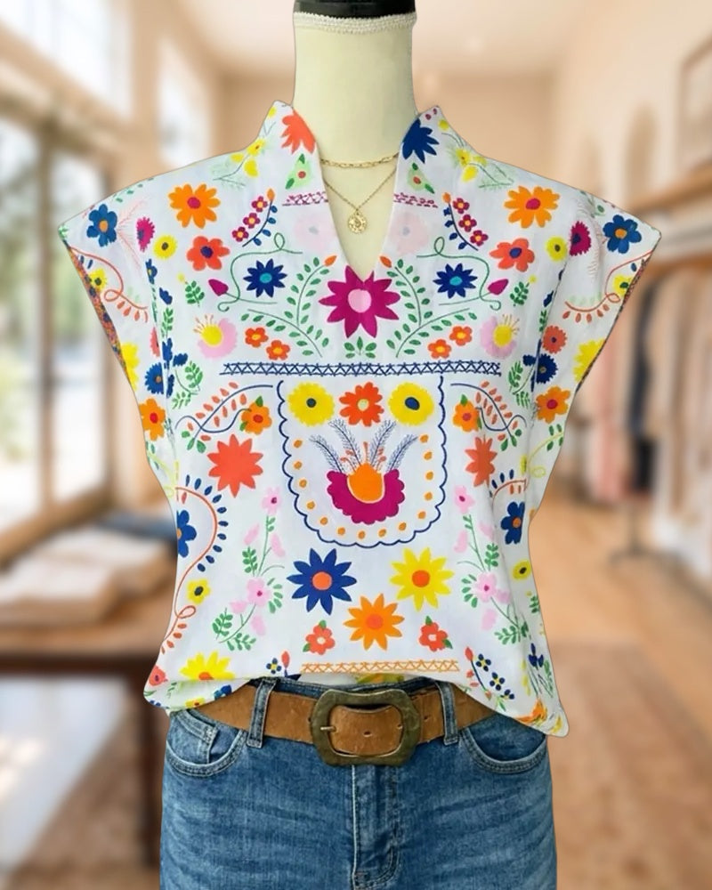 V Neck Cap Sleeve Folk Floral Print Blouse