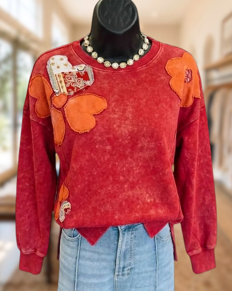 Floral Applique Crew Neck Long Sleeve Patchwork Casual Sweatshirt