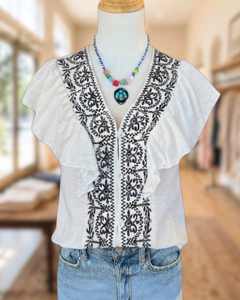 Printed V Neck Flutter Sleeve Ruffled Button Front Blouse