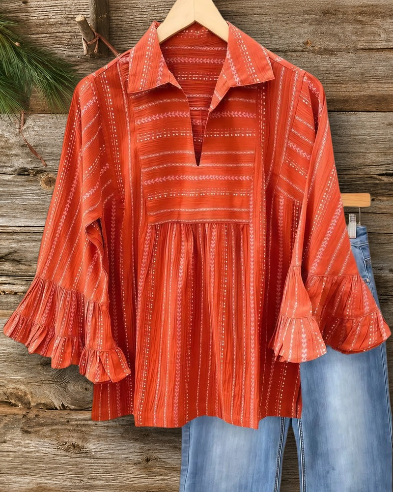 Abstract Print Boho Trumpet Sleeve Blouse