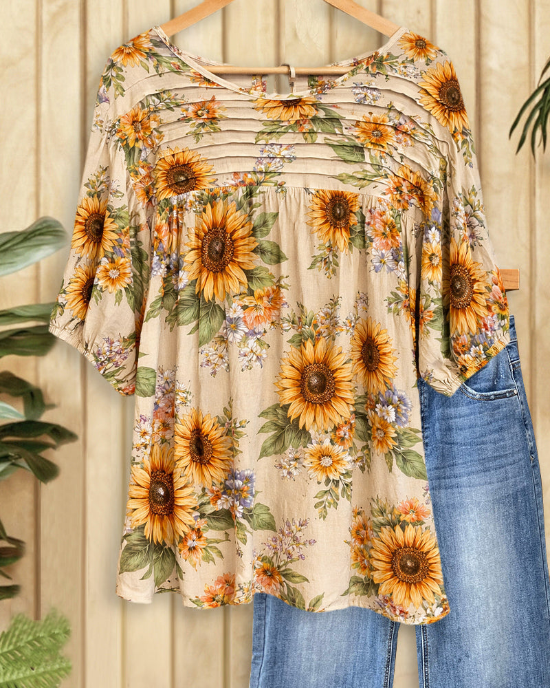 Sunflower Print Pleated Detail On-trend Round Neck Blouse