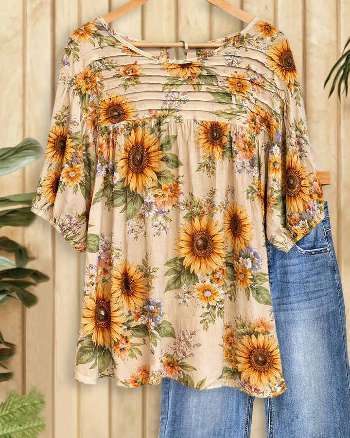 Sunflower Print Pleated Detail On-trend Round Neck Blouse