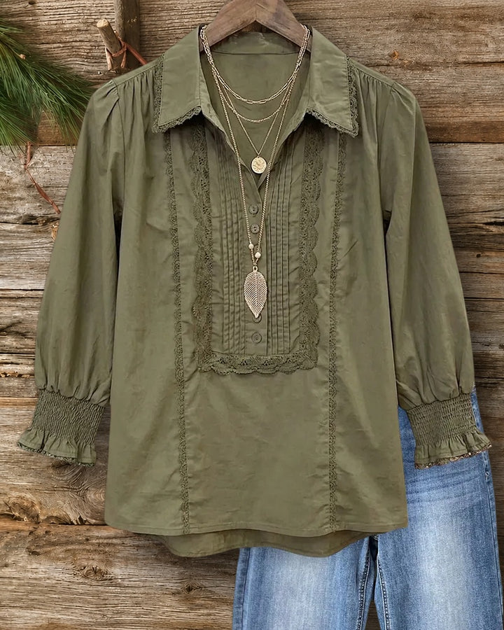 Collared Lace Trim Pleated Front 3/4 Sleeve Blouse