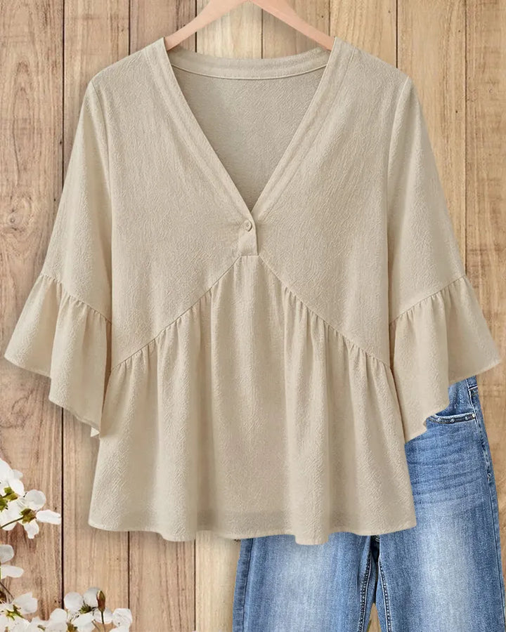 V Neck Solid Color Sweet Flare Sleeve Peplum Blouse
