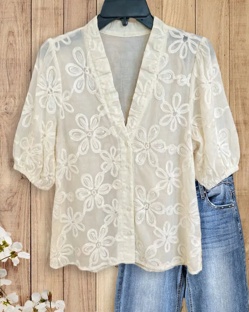 V Neck Ruffle Trim Embroidered Puff Sleeve Blouse