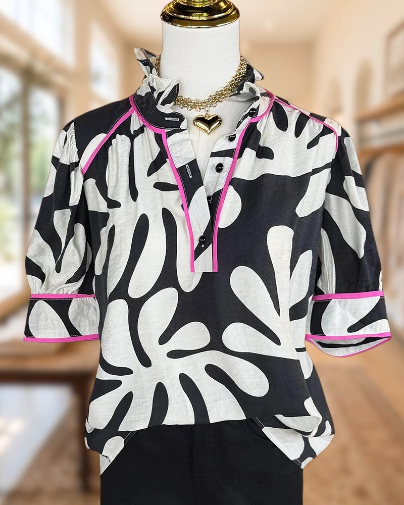 Abstract Print Ruffled Collar Contrast Trim Blouse