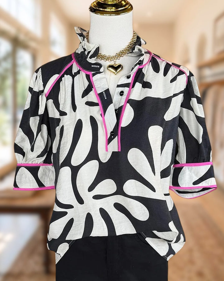 Abstract Print Ruffled Collar Contrast Trim Blouse