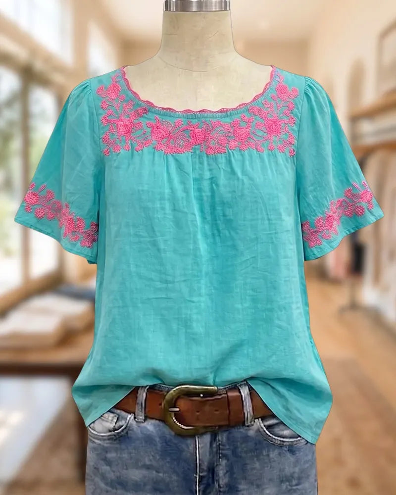 Floral Embroidered Scalloped Neck Short Sleeve Casual Loose Blouse