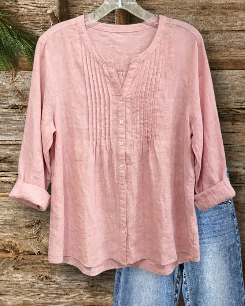 Pintuck Front Button V Neck Blouse