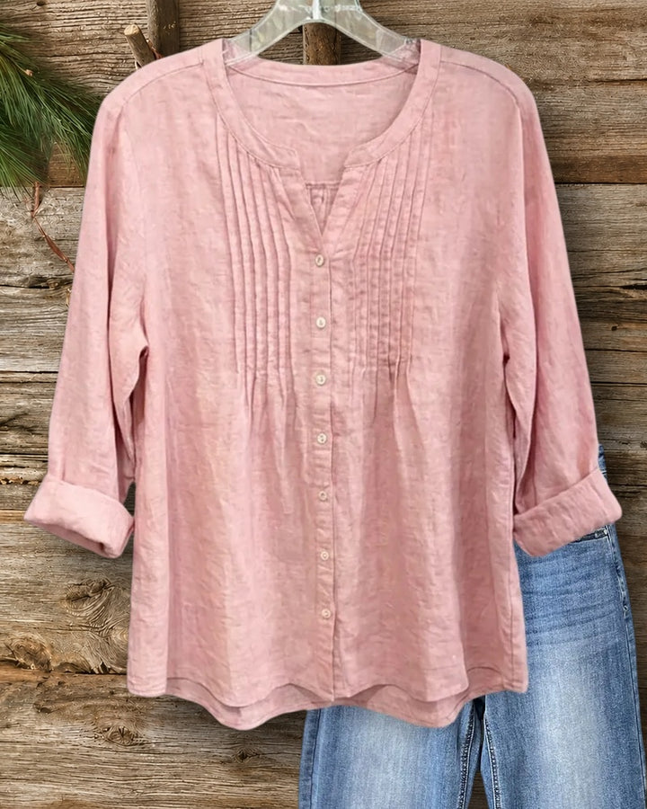 Pintuck Front Button V Neck Blouse