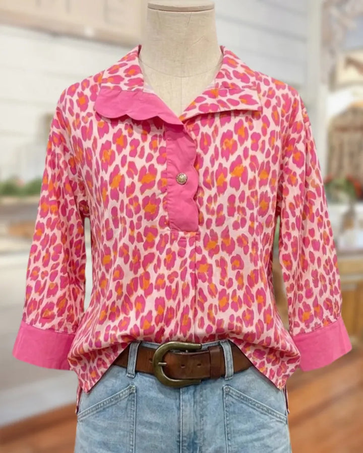 Scallop Trim Placket Collared Leopard Print 3/4 Sleeve Blouse