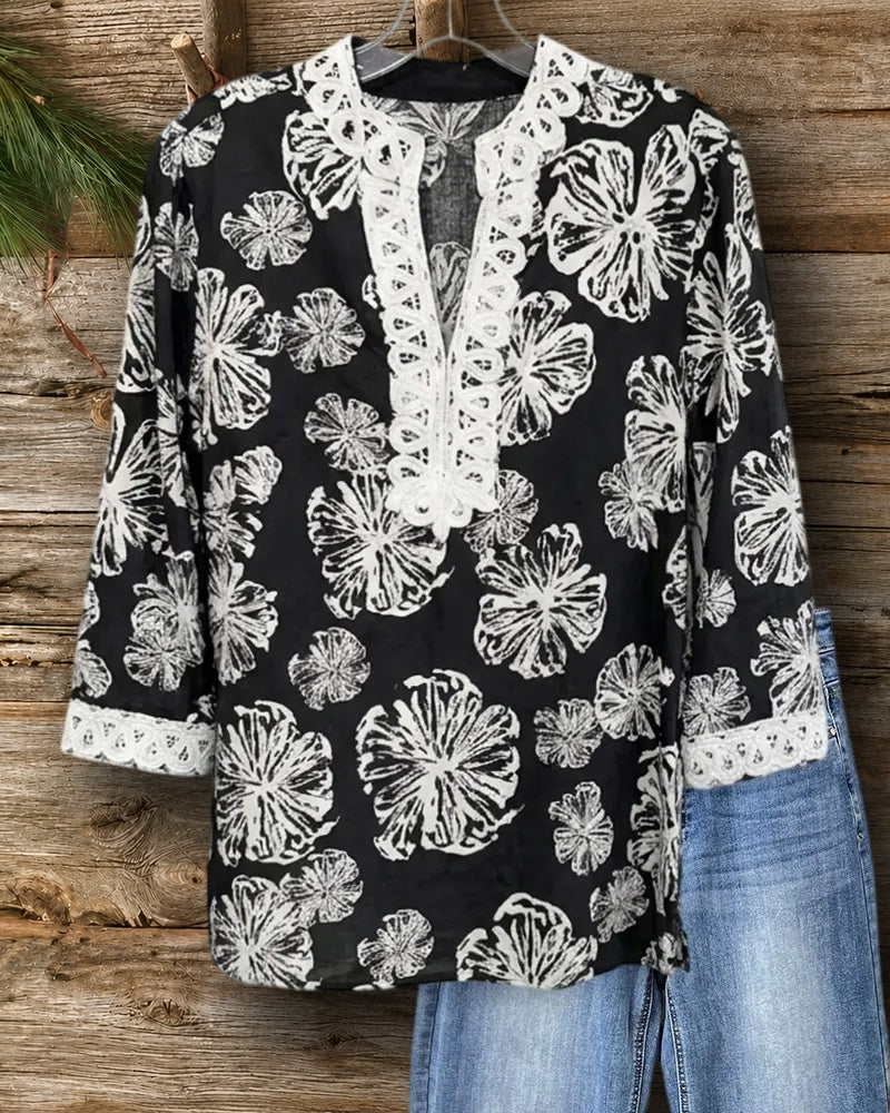 Floral Print Lace Trim V Neck 3/4 Sleeve Blouse