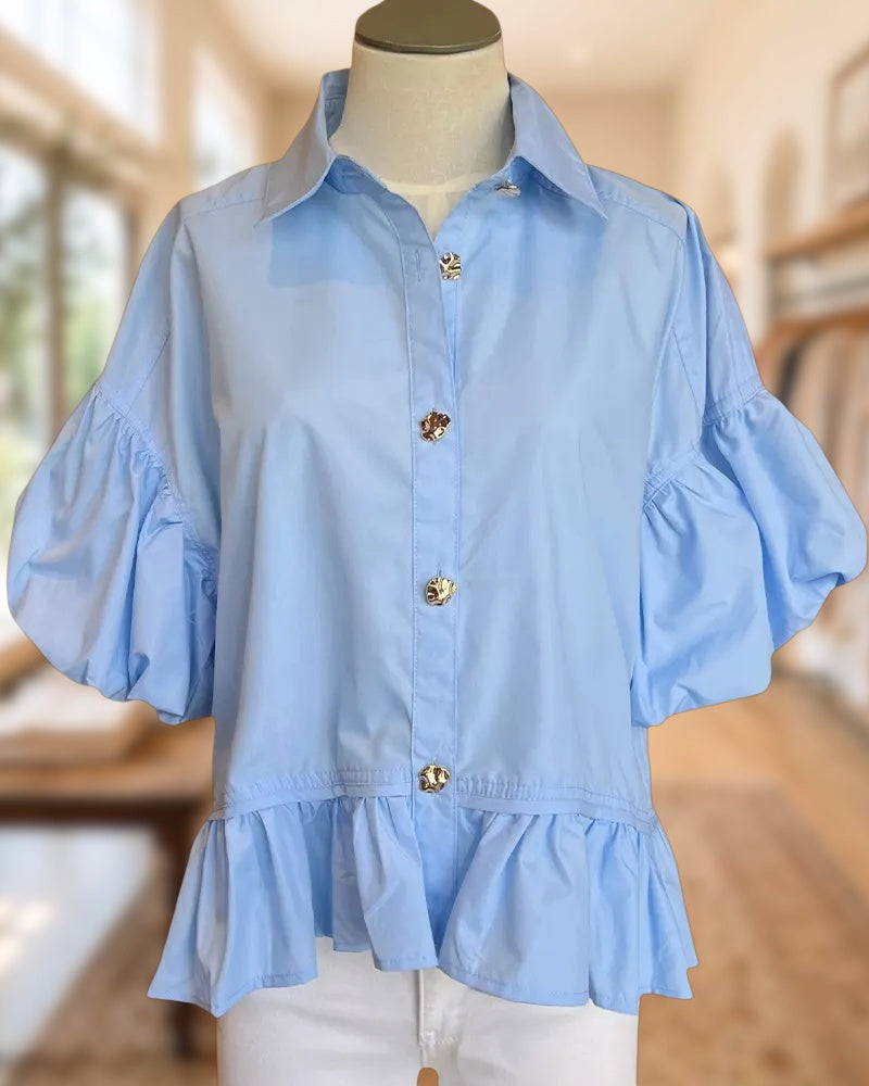 Solid Color Collared Button Front Puff Sleeve Peplum Hem Blouse