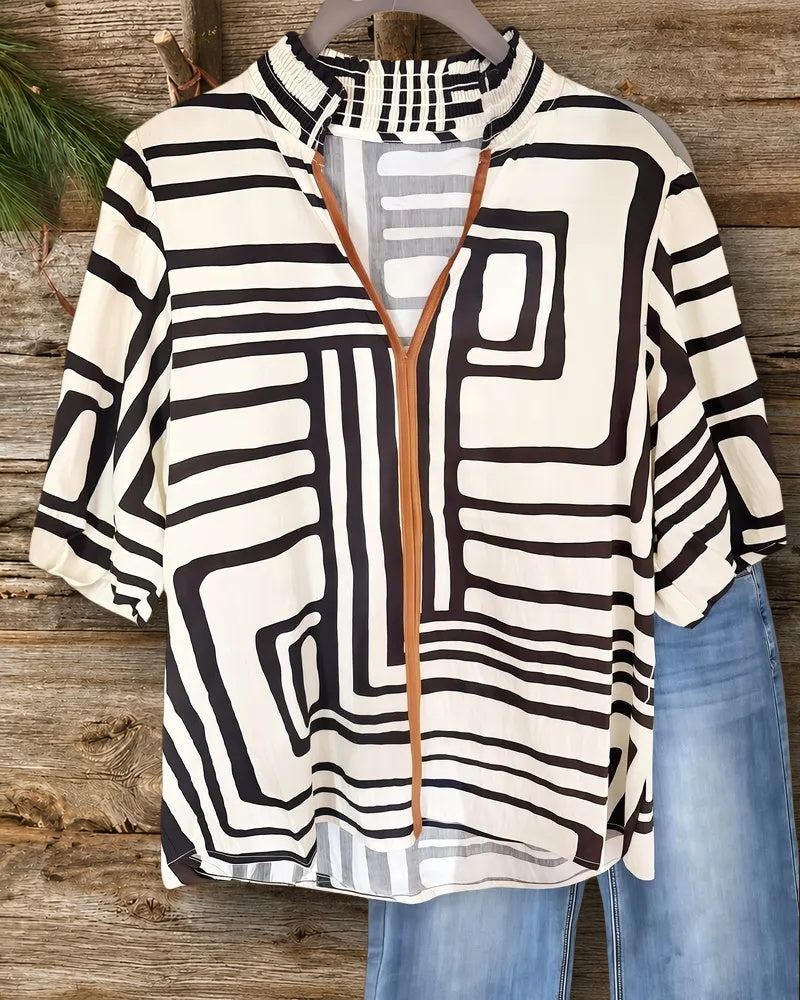 Geometric Print Puff Sleeve V Neck Urban Blouse