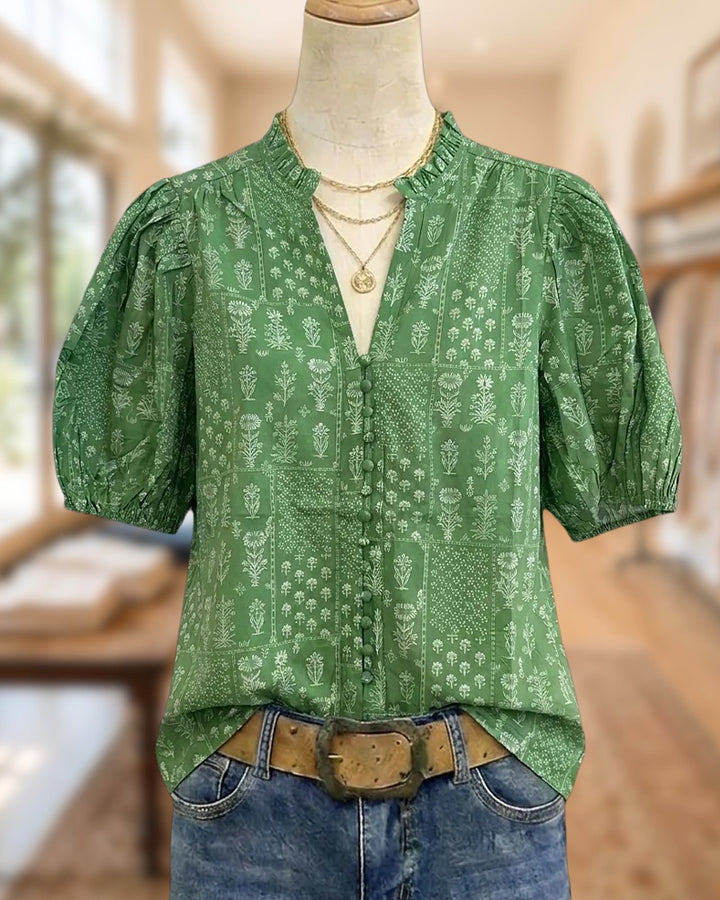 Floral Print Puff Sleeve V Neck Button Front Blouse