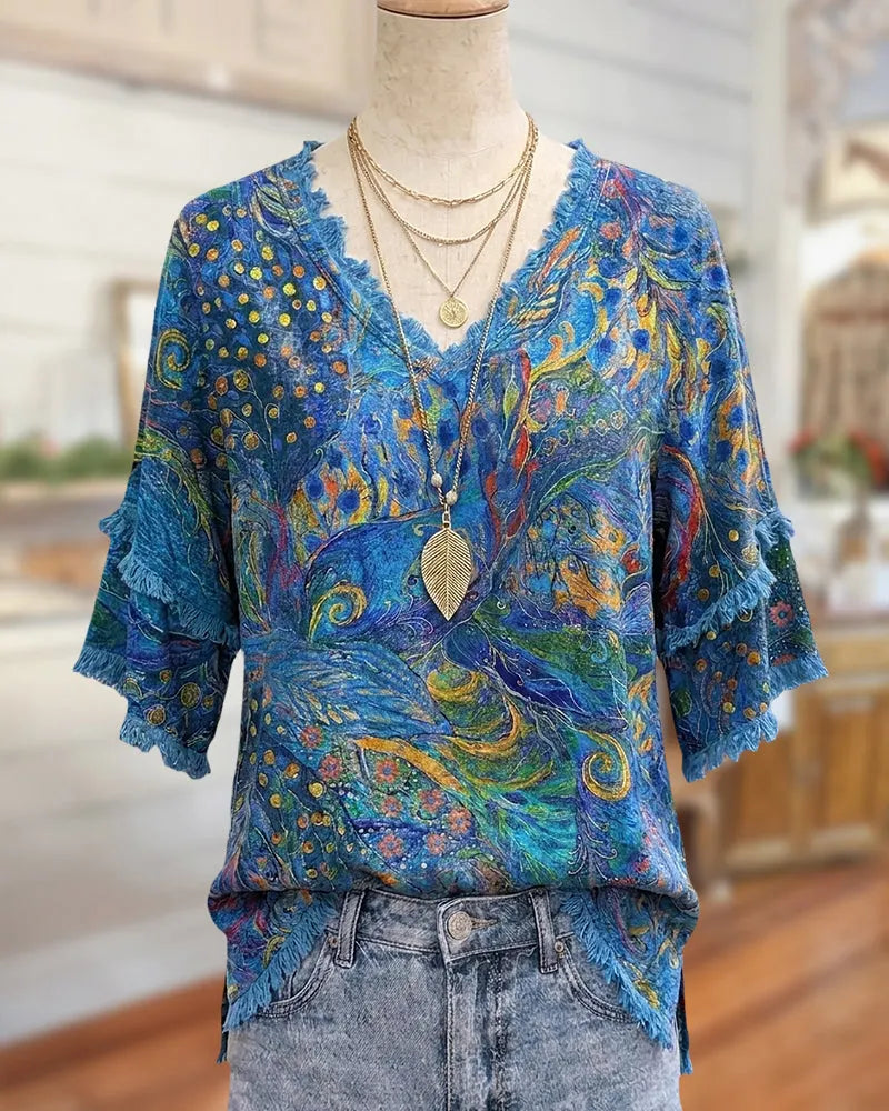 Tassels Trim Tiered Sleeve Blouse
