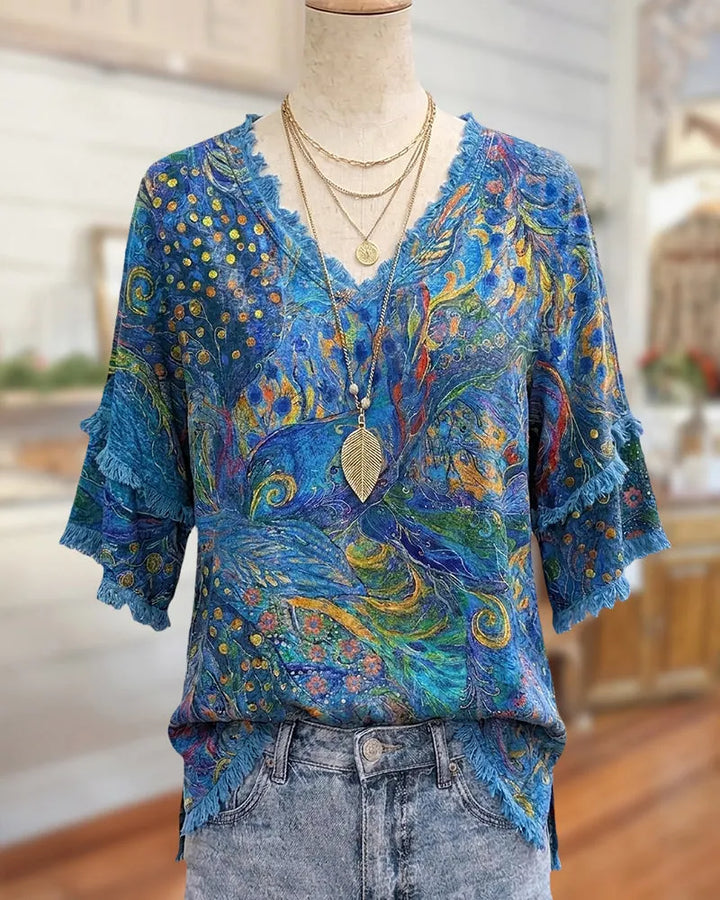 Tassels Trim Tiered Sleeve Blouse