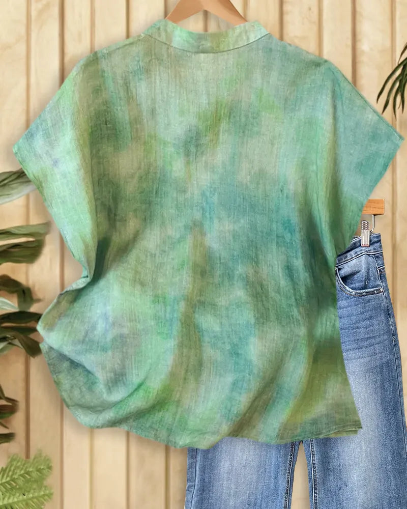 Mandarin Collar Short Sleeve Loose Tie Dye Casual Blouse