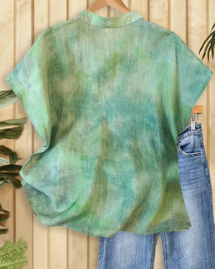 Mandarin Collar Short Sleeve Loose Tie Dye Casual Blouse