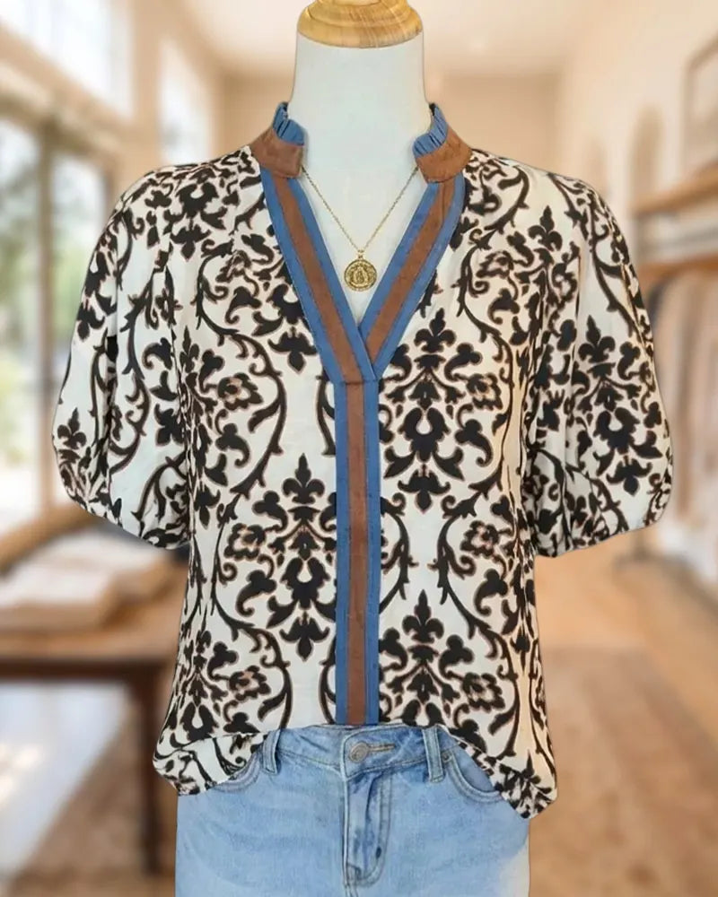 V Neck Contrast Trim Puff Sleeve Damask Print Blouse