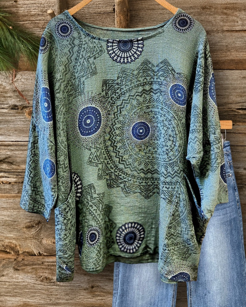 Tribal Print Round Neck Laid Back Shirt