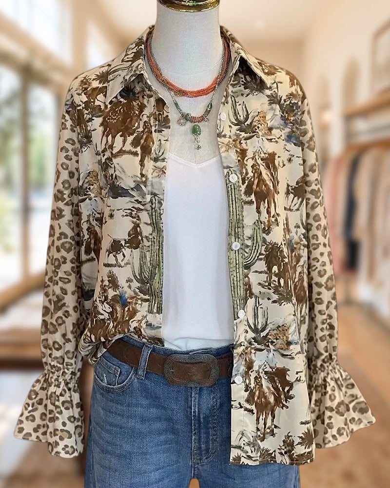Mixed Western Print Flare Sleeve Button Down Casual Shirt