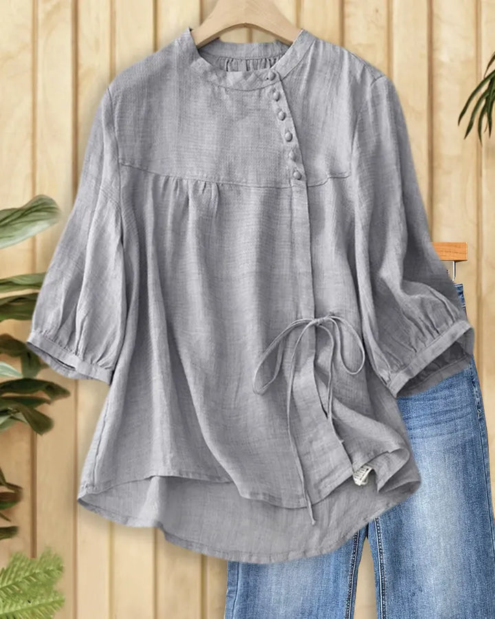 Stand Collar Side Tie 3/4 Sleeve Solid Color Casual Blouse