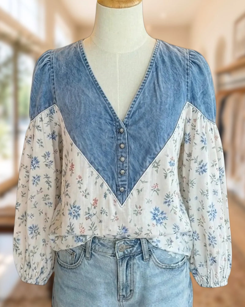 V Neck Button Front Contrast Panel Puff Sleeve Blouse