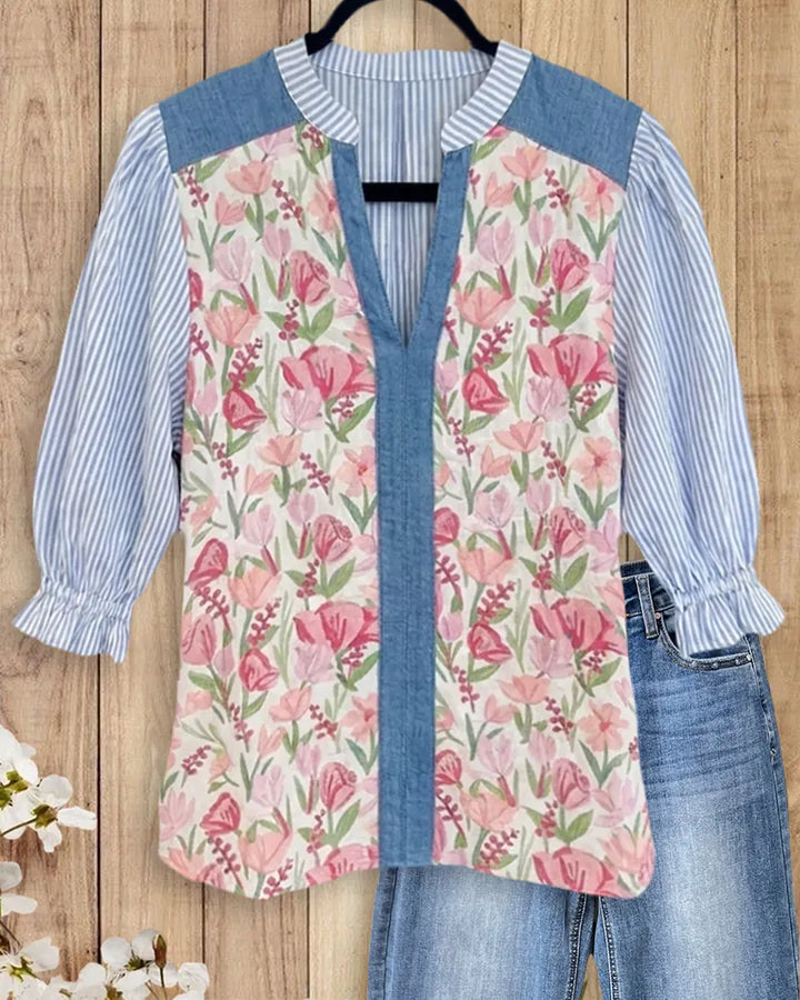 Floral Striped Contrast Panel V Neck Ruffled Blouse