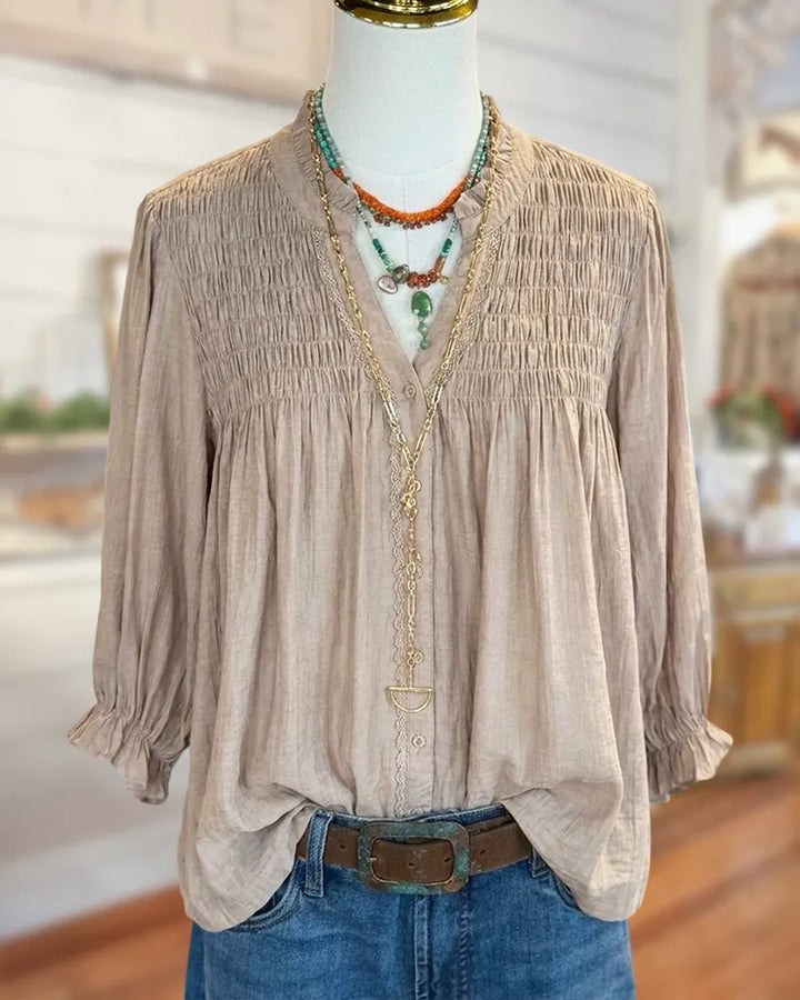 Smocked Ruffle Trim V Neck Button Front Flowy Blouse