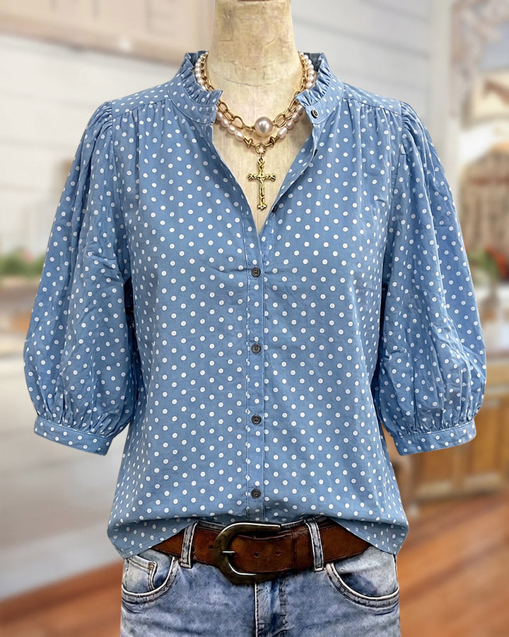 Polka Dot Puff Sleeve Button Blouse