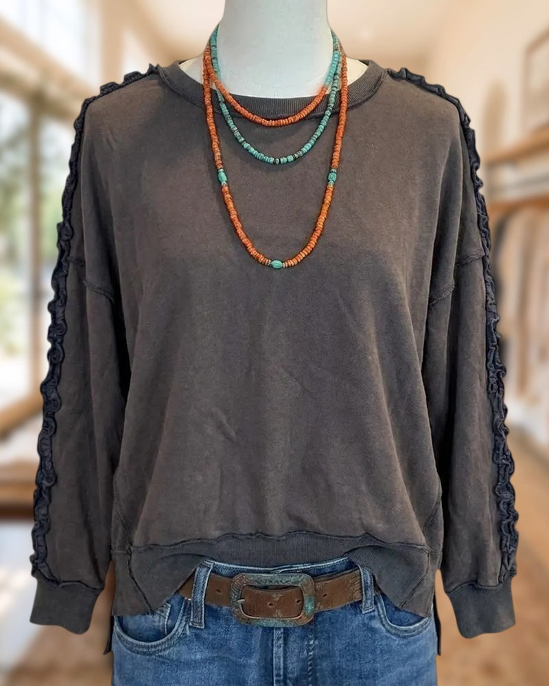 Ruffle Trim Long Sleeve Crew Neck Solid Color Chic Sweatshirt