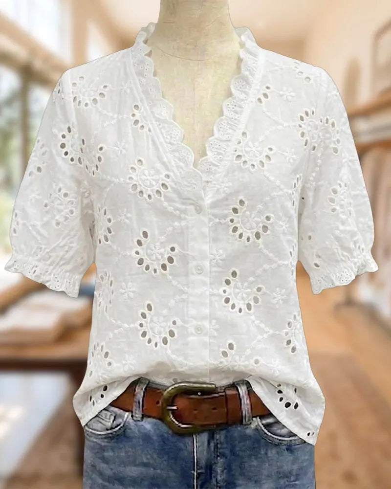 V Neck Puff Sleeve Eyelet Embroidered Button Front Blouse