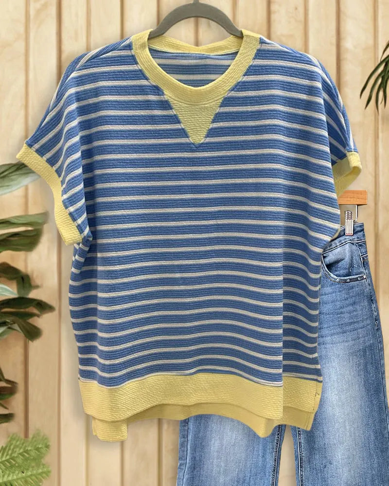 Striped Round Neck Sporty High Low Shirt