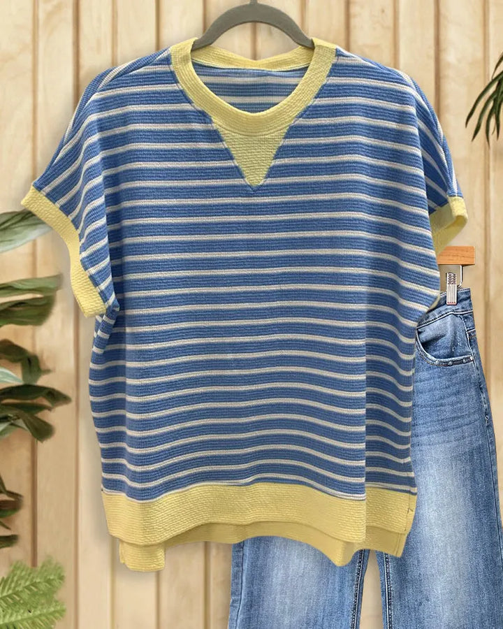 Striped Round Neck Sporty High Low Shirt