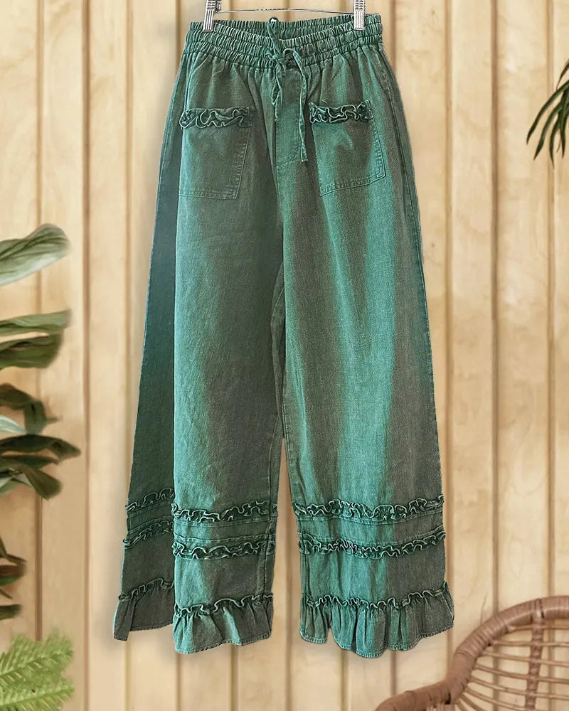 Solid Color Washed Drawstring Cute Ruffled Jeans