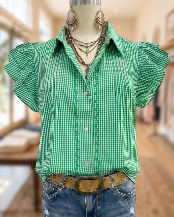 Scalloped Collar Ruffle Sleeve Button Front Casual Gingham Blouse