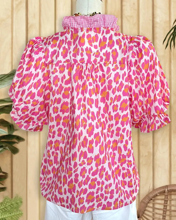 Ruffled Collar Leopard Print Puff Sleeve Gingham Trim Blouse