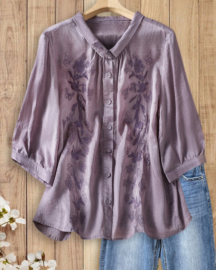 Embroidered Button Up Collared 3/4 Sleeve Loose Casual Blouse