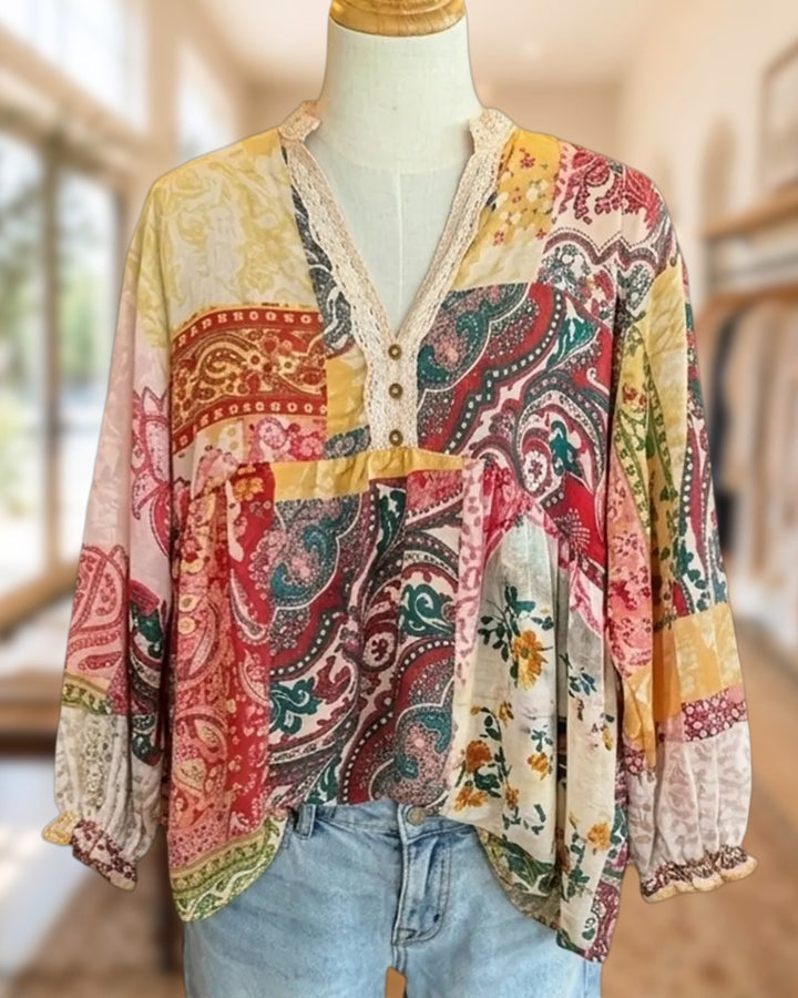 Lace Trim V Neck Patchwork Gathered Waist Long Sleeve Blouse