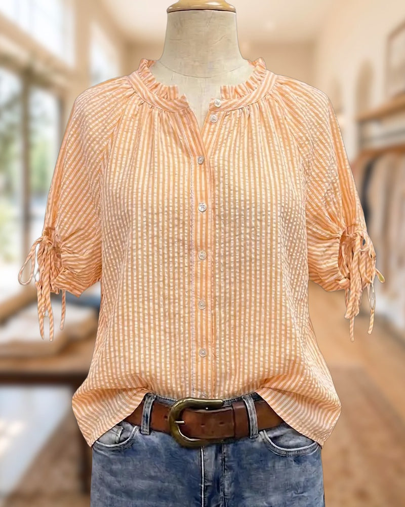 Striped Ruffled Neck Button Front Drawstring Short Sleeve Blouse