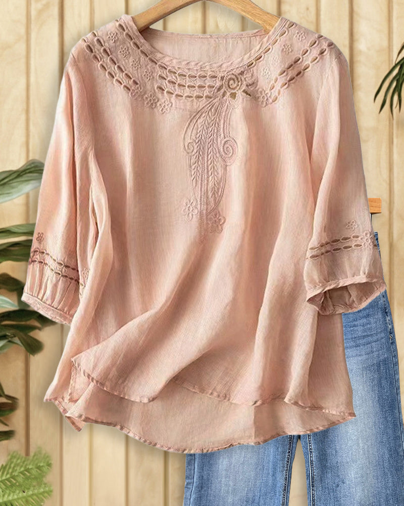 Floral Embroidery Ethnic Round Neck Blouse