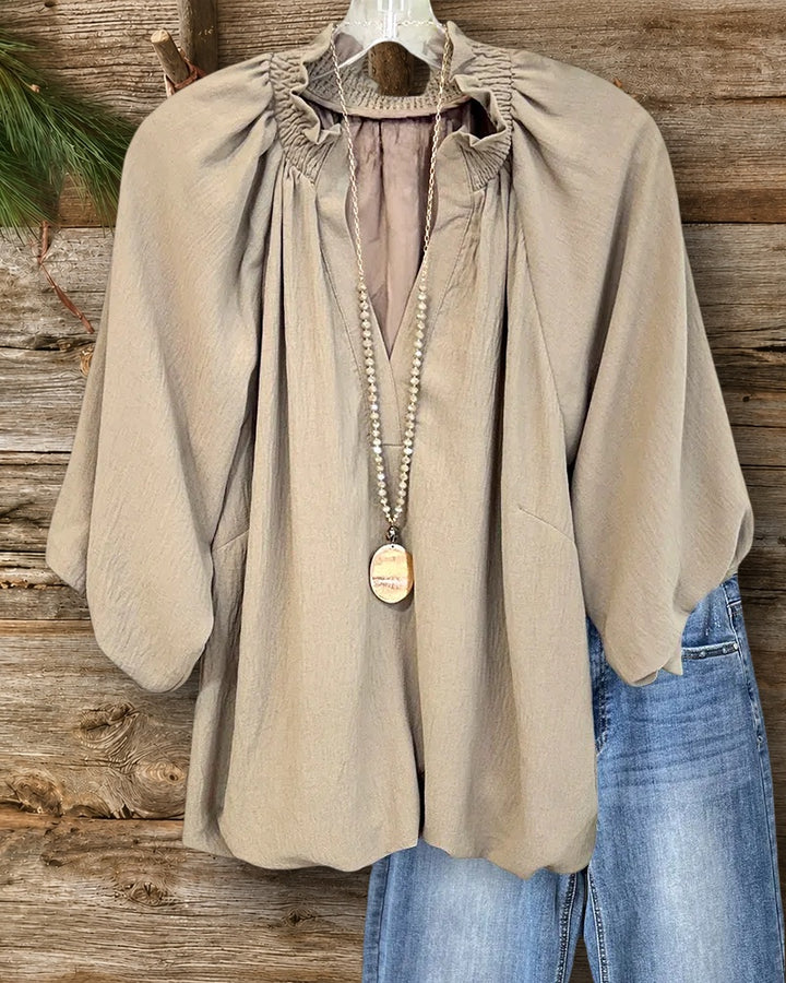 Solid Color V Neck Lantern Sleeve Loose Simple Blouse